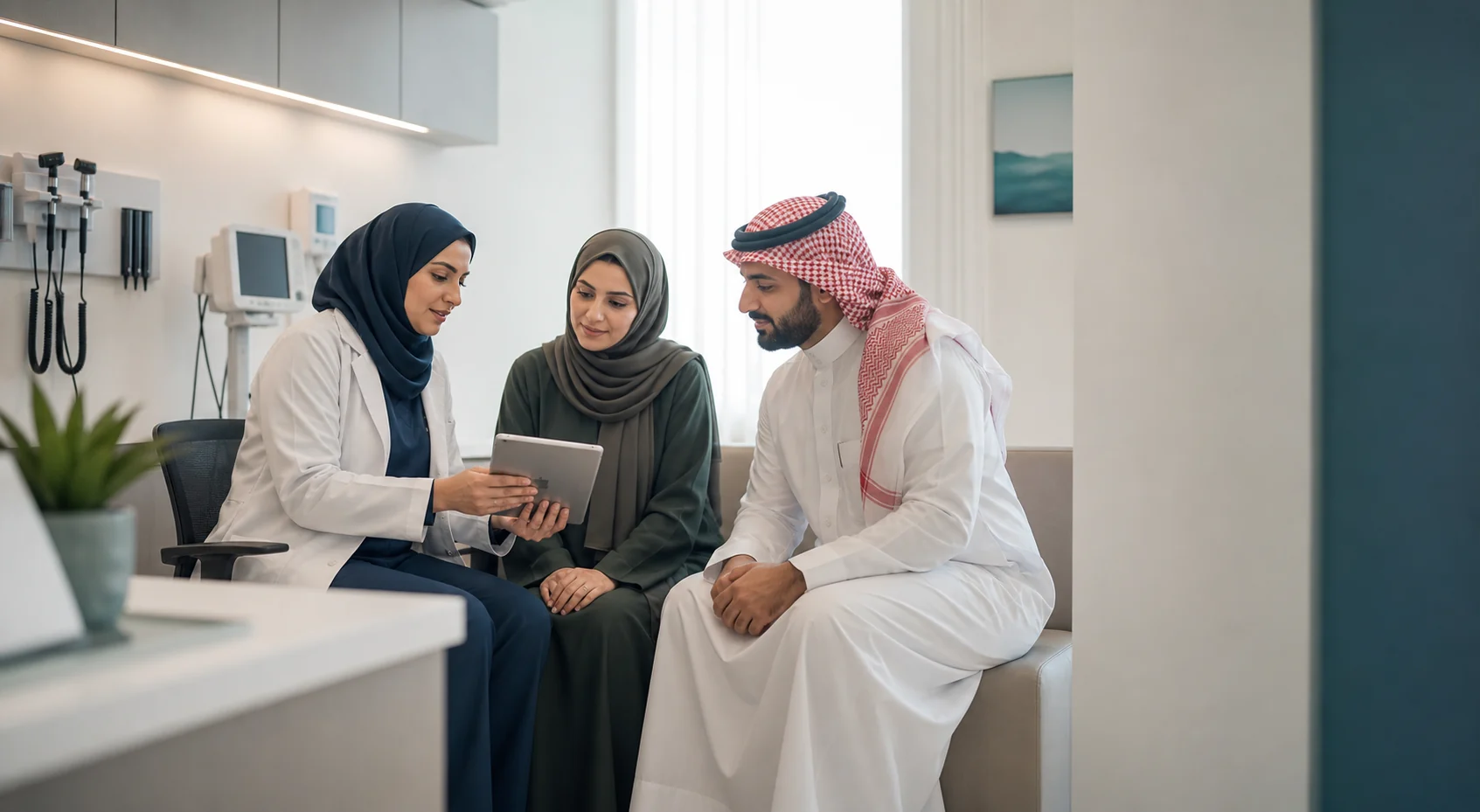Physician consulting with a patient while reviewing connected information