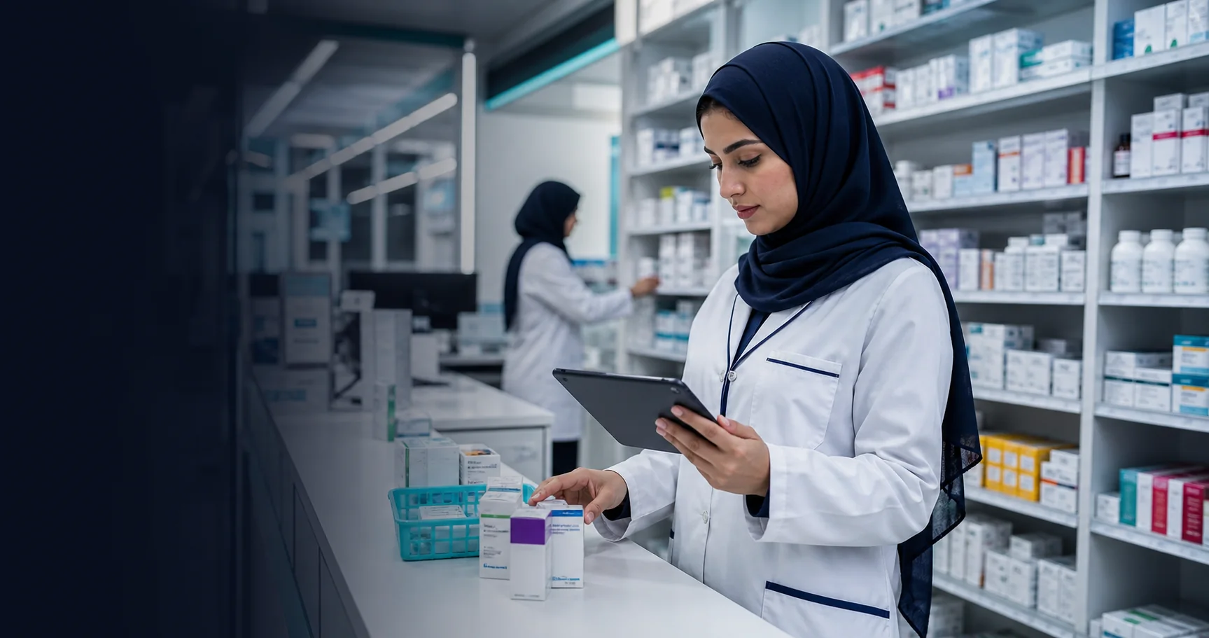 Hospital pharmacist reviewing medicine inventory
